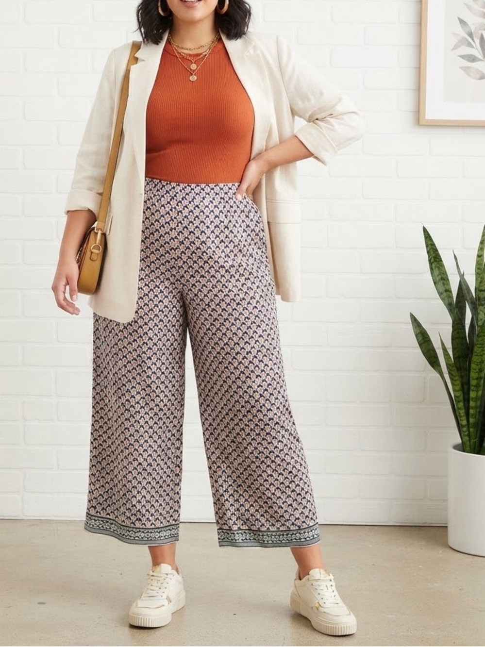Max Studio Navy, Cream & Peach Printed Wide-Leg Cropped Pants